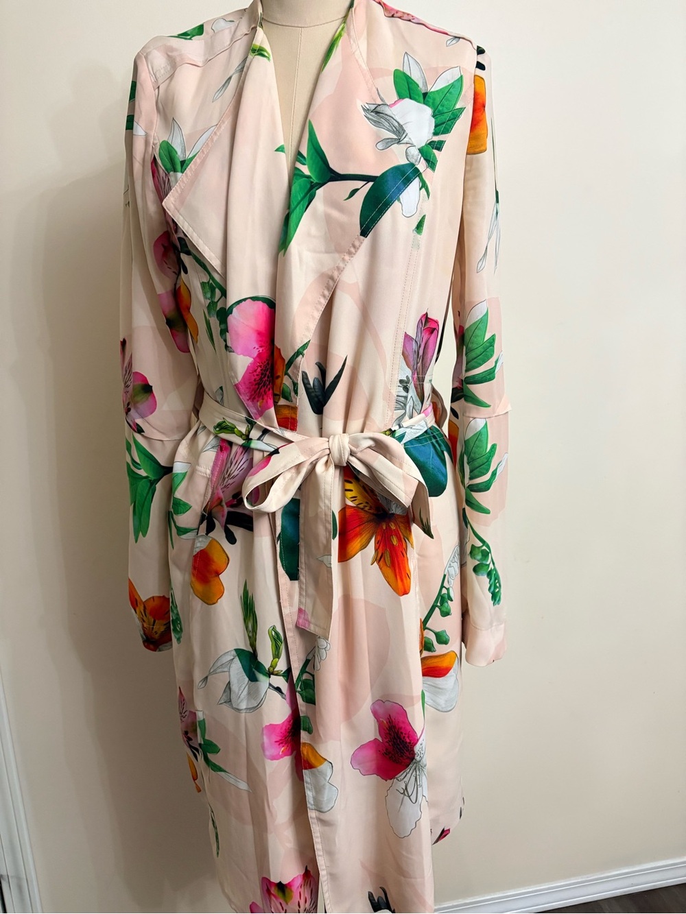 Blush Floral Long Sleeve Wrap Coat with Tie Waist Aritzia